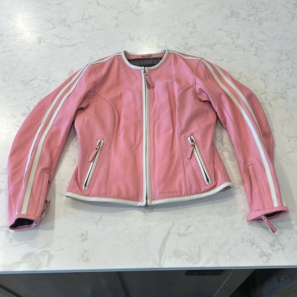 First Gear Women’s Motorcycle Riding Jacket Baby Pink White Pinstriped Mob Wife - Picture 16 of 16